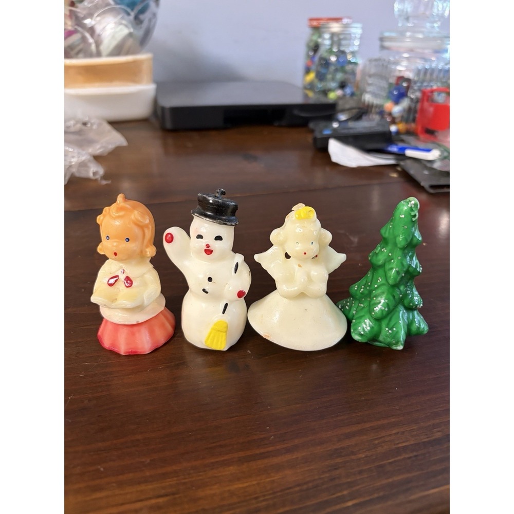 Vintage Christmas Figural Candles Lot of 4 Angel Snowman Girl Tree Gurley Style